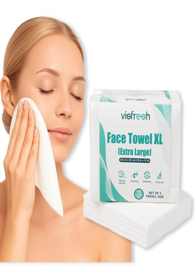 Visfresh Disposable Face Towel Travel Pack – XL 10"×12" Face Towelettes Disposable, Ultra-Soft & Thick Travel Face Wipes for Sensitive Skin, Makeup Remover Dry Wipes, 15 Towels per Pack – Visfresh (3 Packs) - Image 1